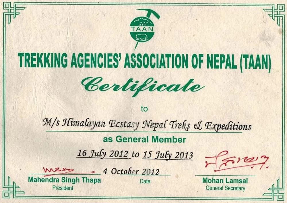 Certificate of TAAN