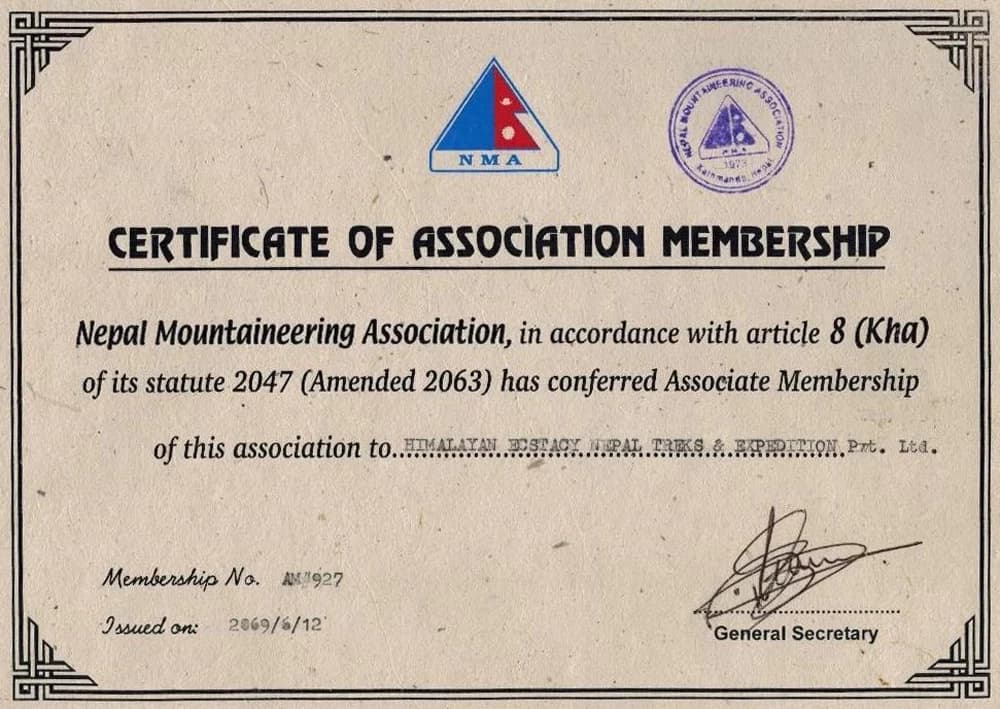 Certificate of NMA