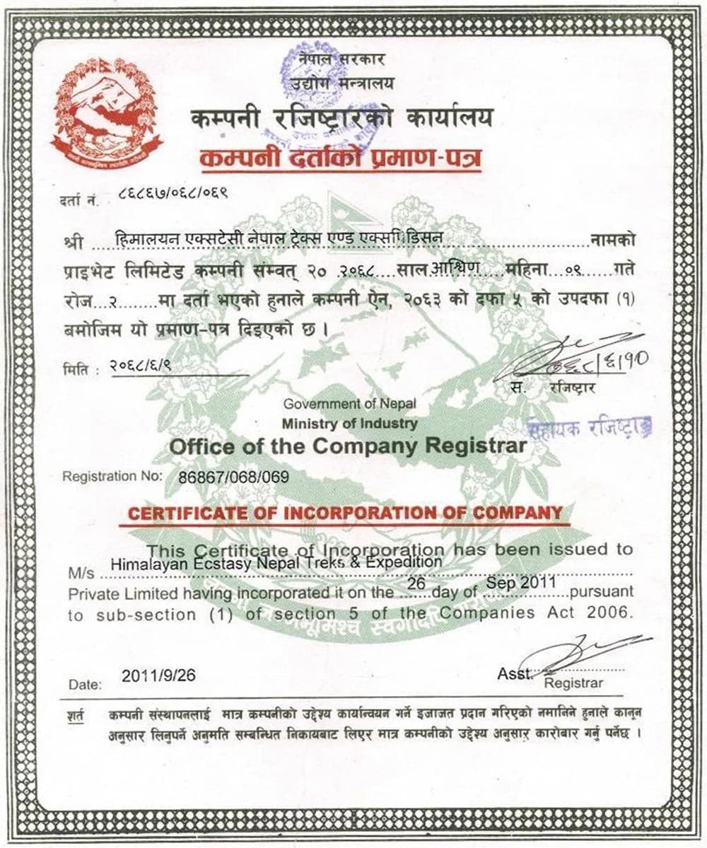 Certificate of Incorporation of Company