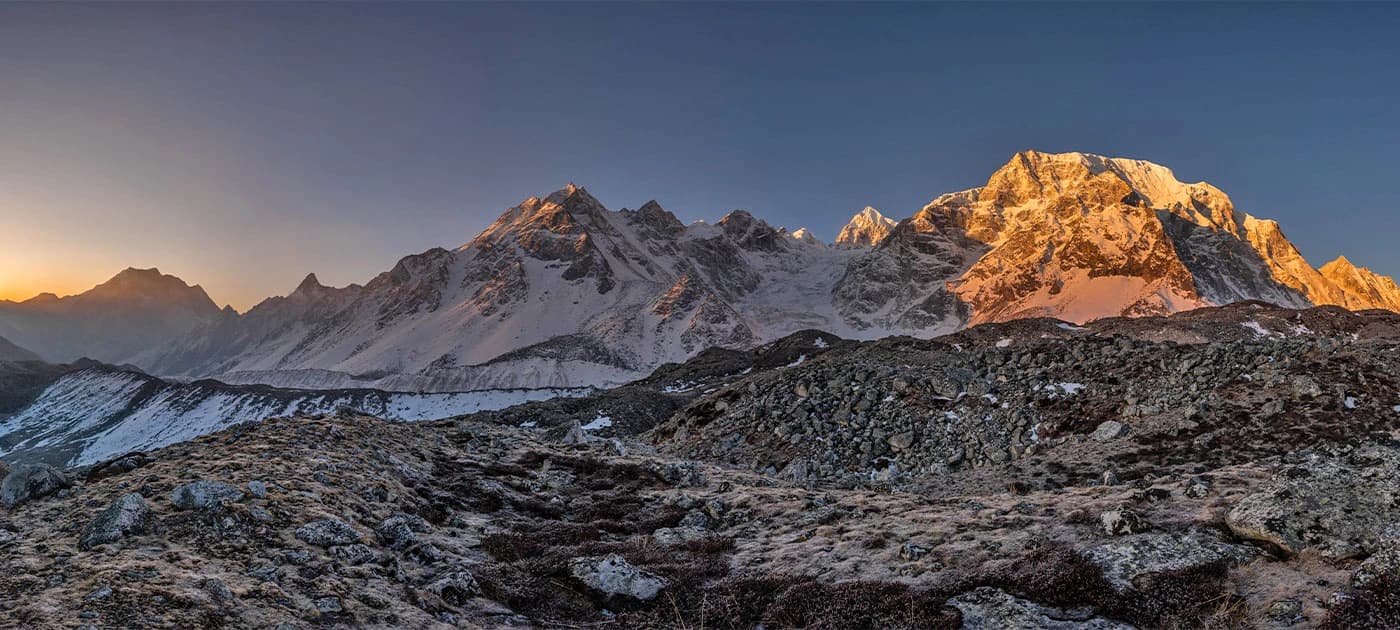 Sunset over Mount Manaslu overlooking the Larya La pass trail